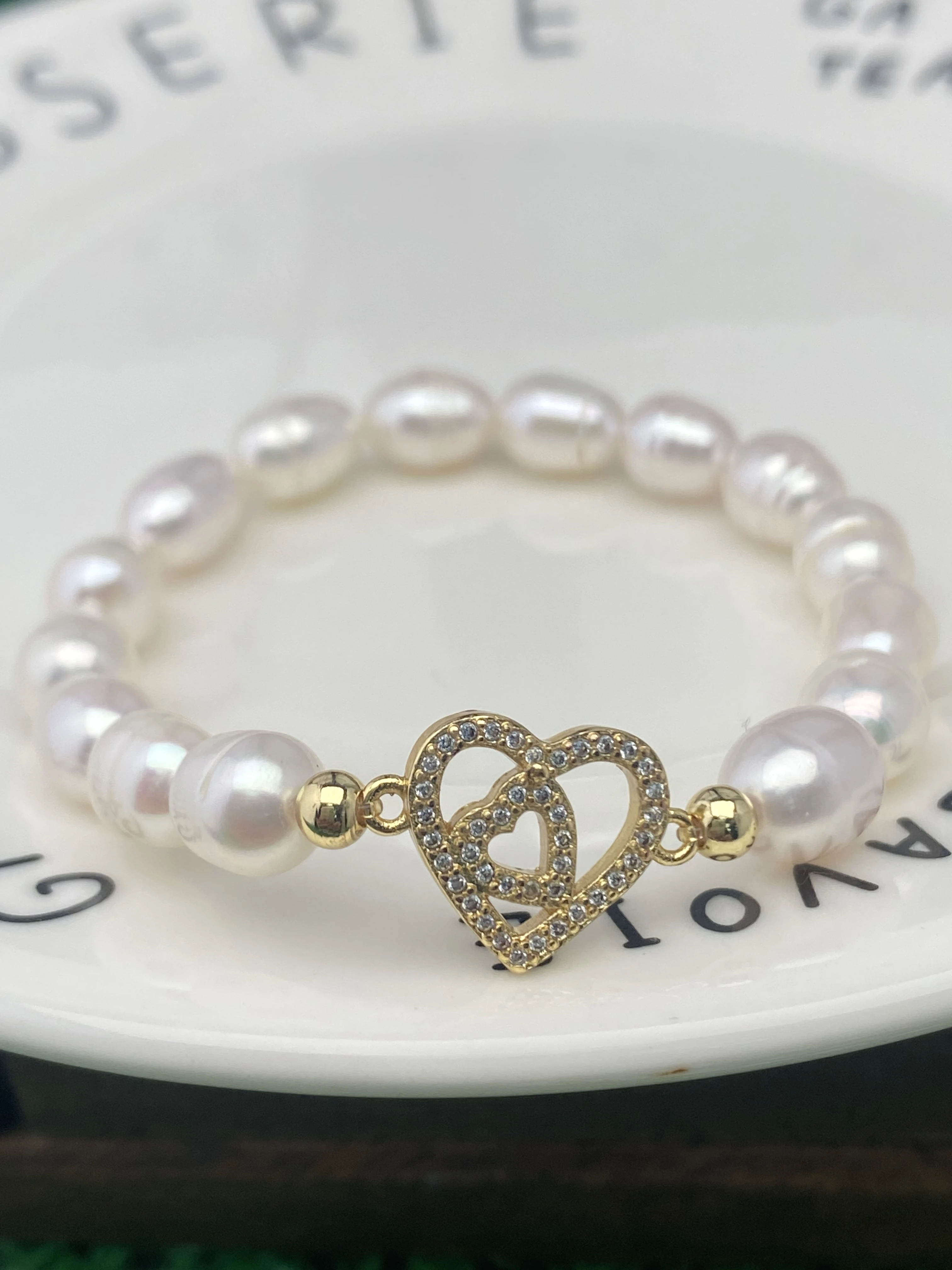 

Forever Love Double Heart Pearl Beads Bracelet Friendship Adjustable Charm Bracelets Gift for Womens Girls