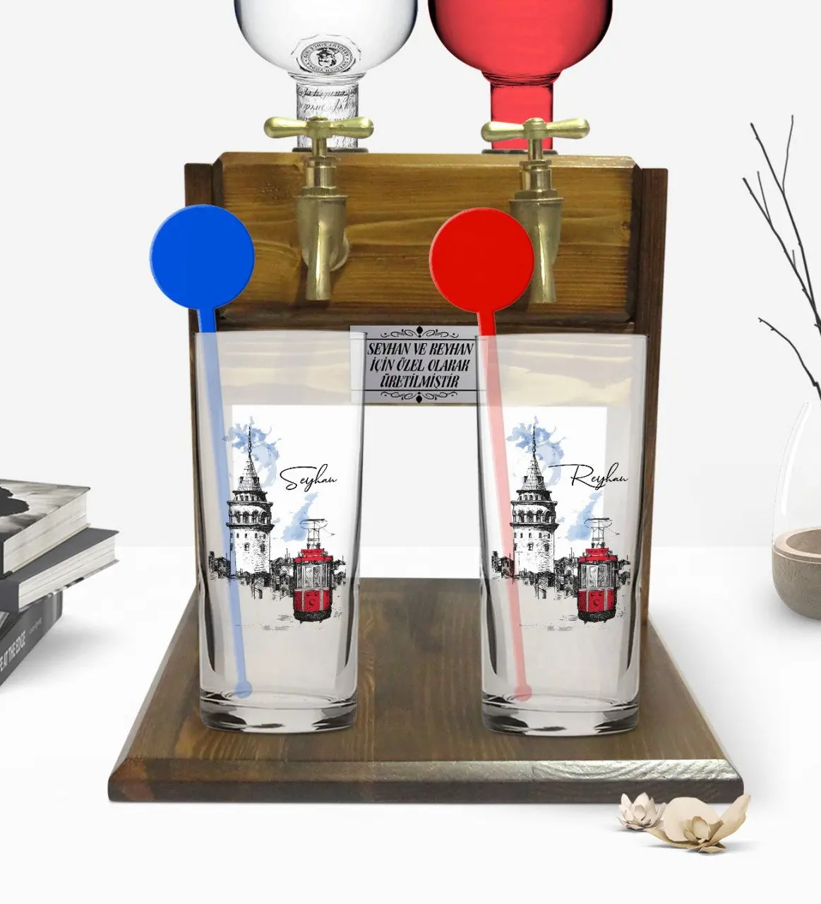 

Personalized Colorful Printed Istanbul Design Dual Vodka Cup and Double Tap Natural Wood Vodka Standı-1