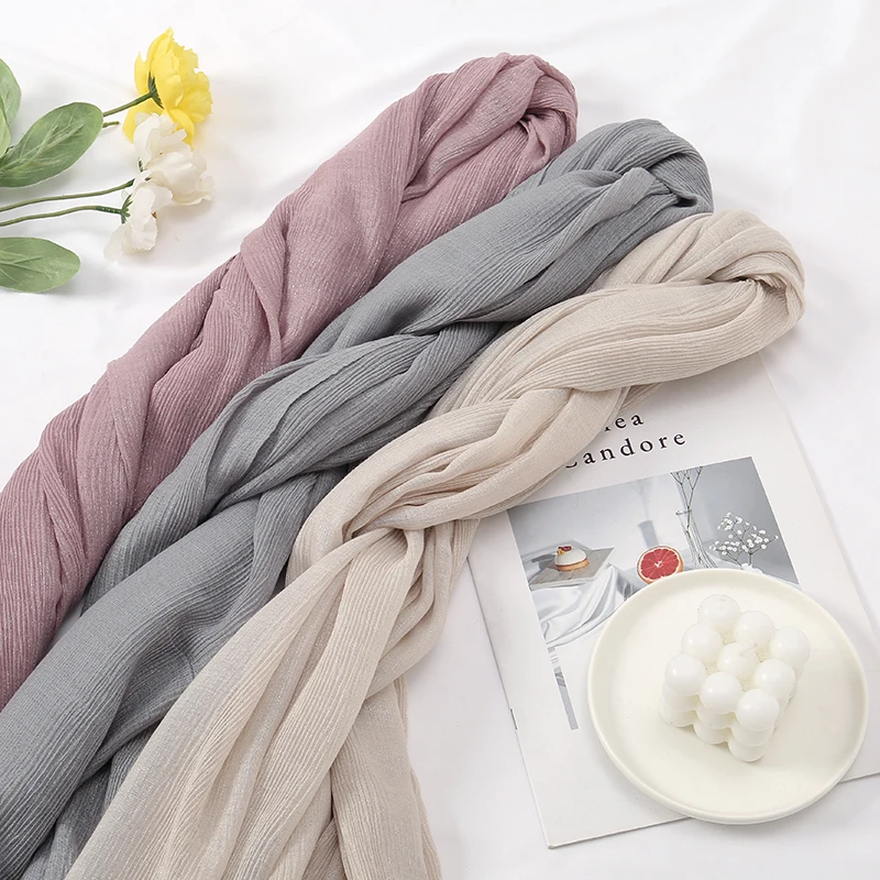 Серебряные гофрированные мусульманские женские хиджаб с блестками и морщинами