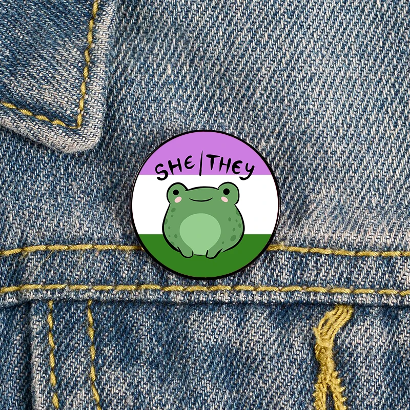 

Genderqueer she they pronoun frog Pin Custom Brooches Shirt Lapel teacher tote Bag backpacks Badge Cartoon gift pins for women