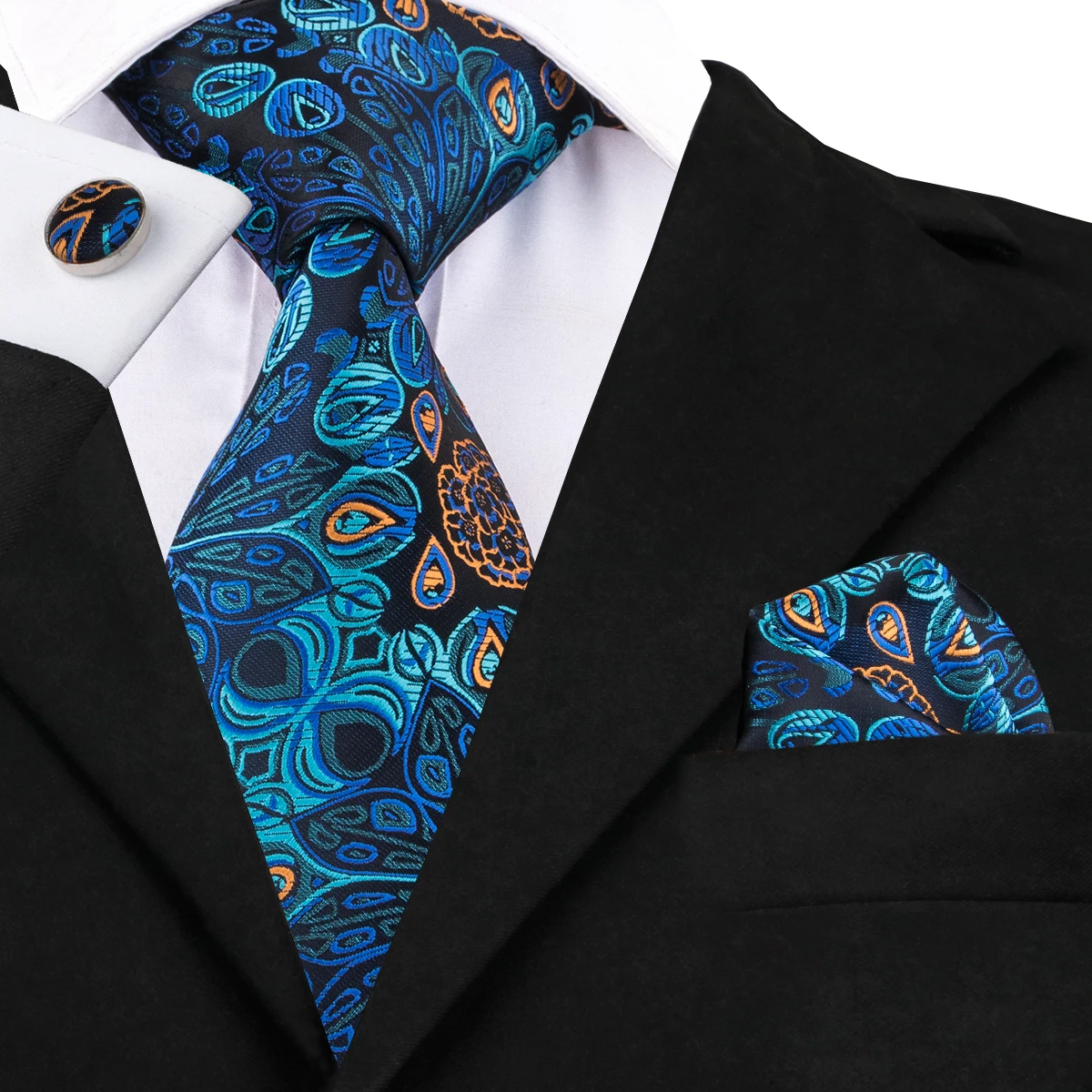 

Peacock Blue Floral Silk Wedding Tie For Men Handky Cufflink Gift Mens Necktie Fashion Design Business Party Dropshiping Hi-Tie