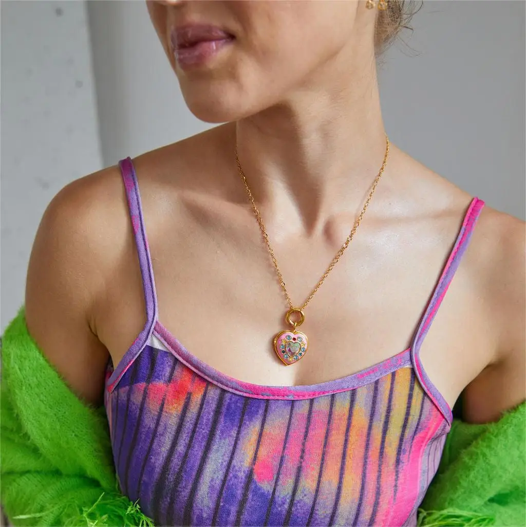 

Colorful Gem Heart Stars Collectible Photo Storage Photo Summer Gift Necklace