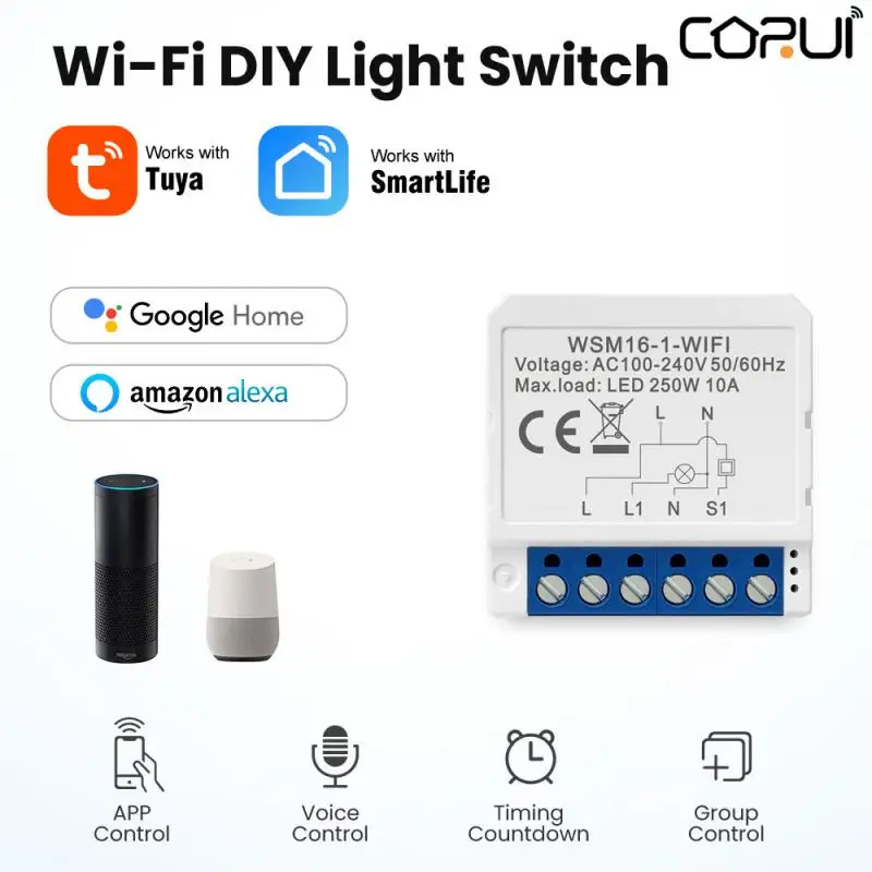 

CORUI Tuya WiFi Smart Light Switch Breaker 1/2/3/4 Gang Dual Control Switch Remote Control Breaker Alexa Google Home Smart Life