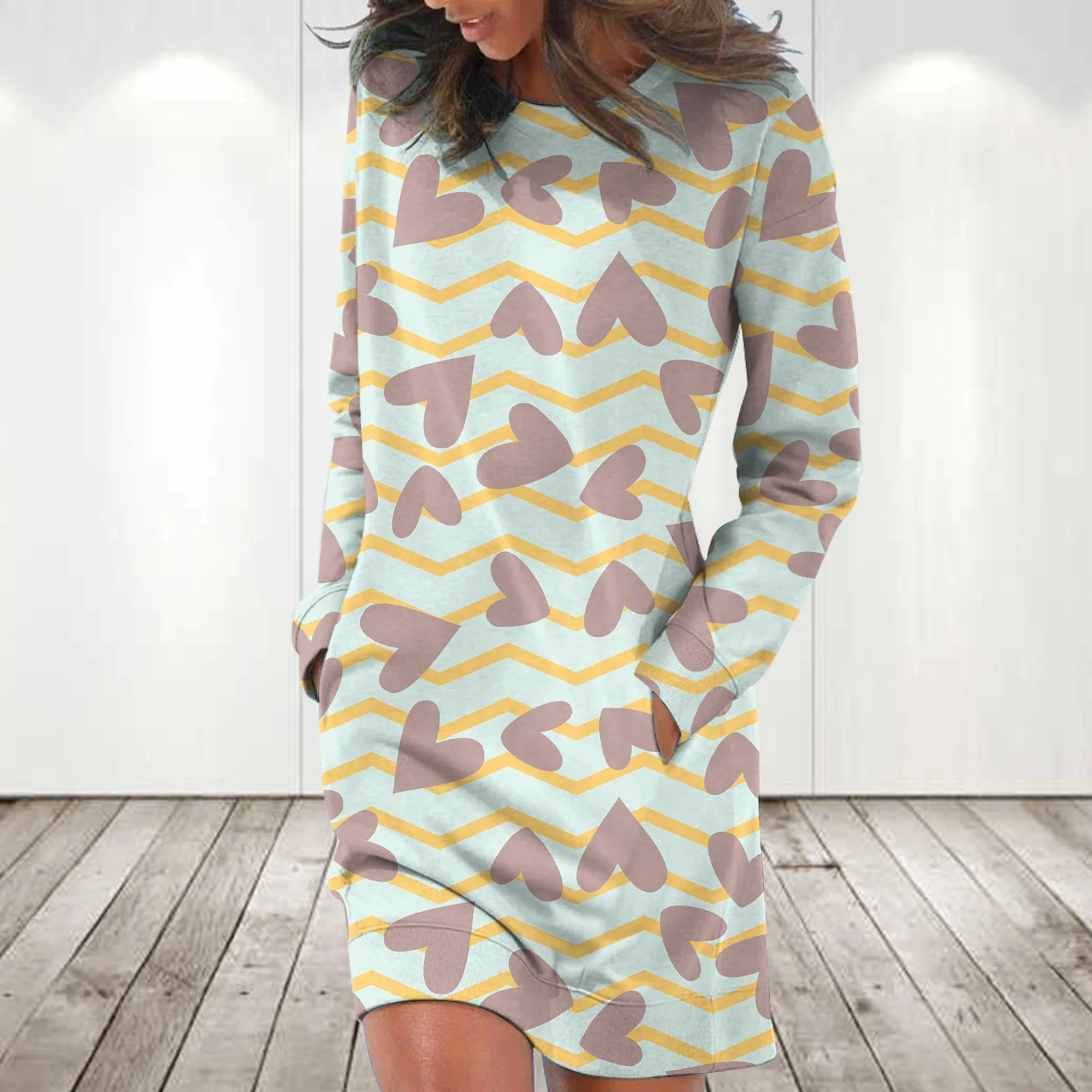 

Dresses for Women 2022 2023 spring and summer Valentine's Day love print loose round neck drop shoulder long sleeve dress