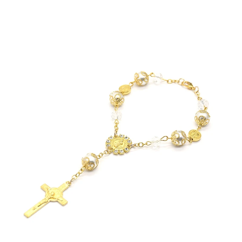 Браслеты с кристаллами в виде Розария Святого Бенедикта золотые корссы католические молитвенные подарки