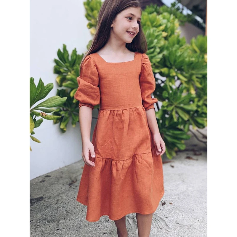 

Summer Girls Backless Linen Dress New Children Casual Cotton And Linen Tiered Dresses With Bow At Back Teen Girl Sundress TZ046