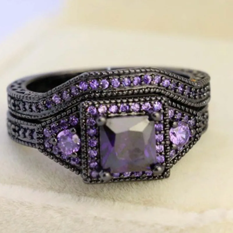 

Milangirl Fashion Jewelry Princess Cut Purple Zircon Stone Black Filled Wedding Ring Set Anniversary
