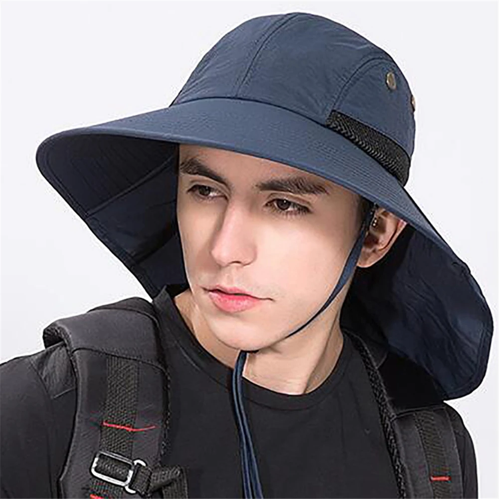

2021 Summer Men's Outdoor Sun Hat Wide Brim Neck Cap Earmuffs Drawstring Folding Bucket Hat Suitable for Fishing/Hiking/Hunting