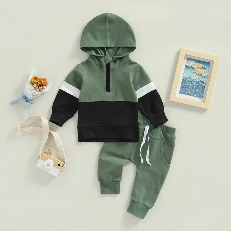 

2 Pcs Newborn Baby Boy Clothes Pants Set Spring Fall Toddler Contrast Color Long Sleeve Hooded Sweatshirt Solid Color Trousers