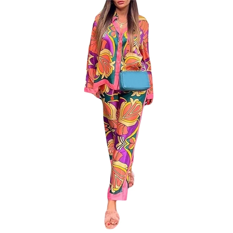 

2000s Aesthetic Outfits Women Abstract Geometric Print Long Sleeve Lapel Button Down Shirt + Elastic Waist Pants Two Piece Set