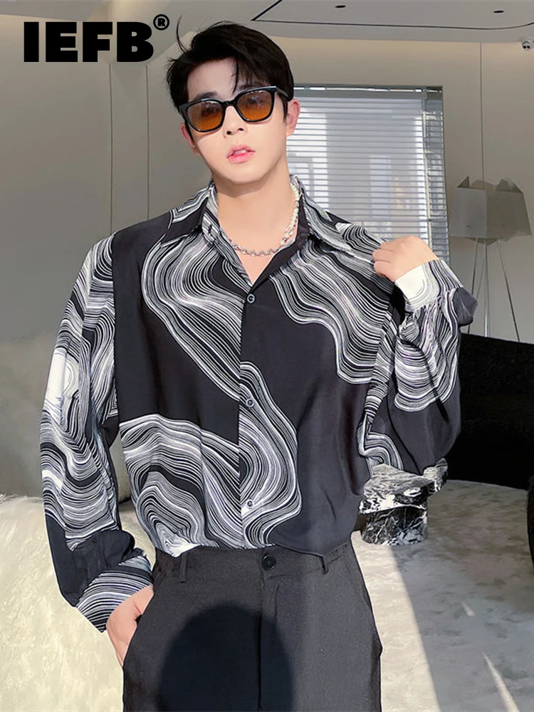 

IEFB Men's Black White Abstract Colorblocked Design Shirt 2023 New Autumn Long Sleeve Casual Tops fit Vintage Blouse 9A1036