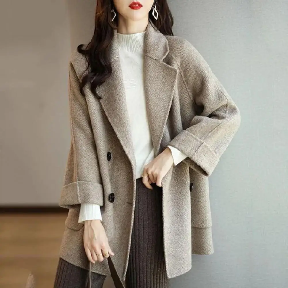 

Женская шерстяная куртка средней длины, осенне-зимняя двубортная куртка с отложным воротником, однотонная теплая Элегантная Дамская верхняя одежда