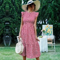 women long dress summer 2022 office lady vintage ruffles short sleeve floral print high waist zipper dresses dropshipping