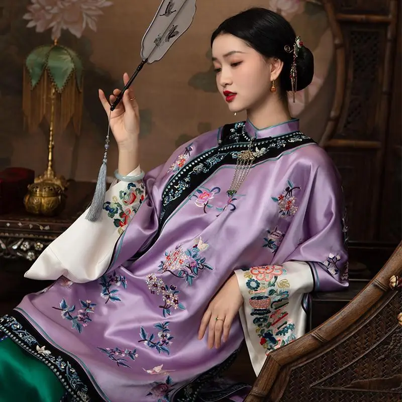 

2023 chinese retro qing dynasty women stand collar big sleeve loose style hanfu top chinese cheongsam long elegant women top