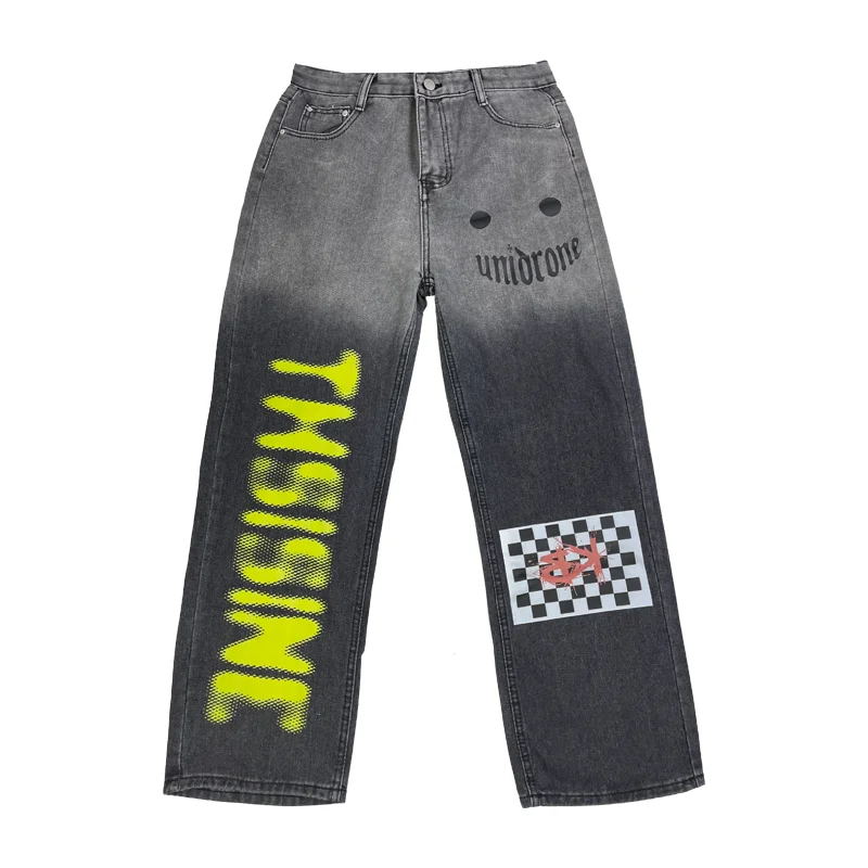 Men Jeans Ins Retro Gradient Black and White Plaid Letter Printing Casual Loose Jeans Men and Women Pants Y2k Pants Ins Hot Sale