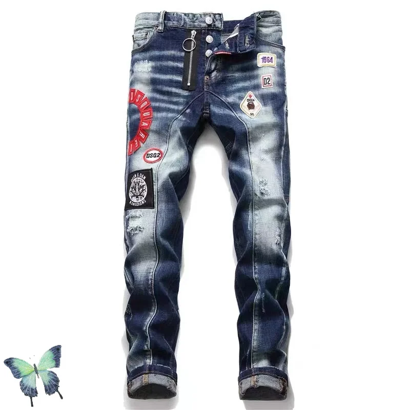 

Blue Wash Button Fly Hip Hop Ripped Hole Original Tag Mens Denim Pants DSQ2 Men Jeans