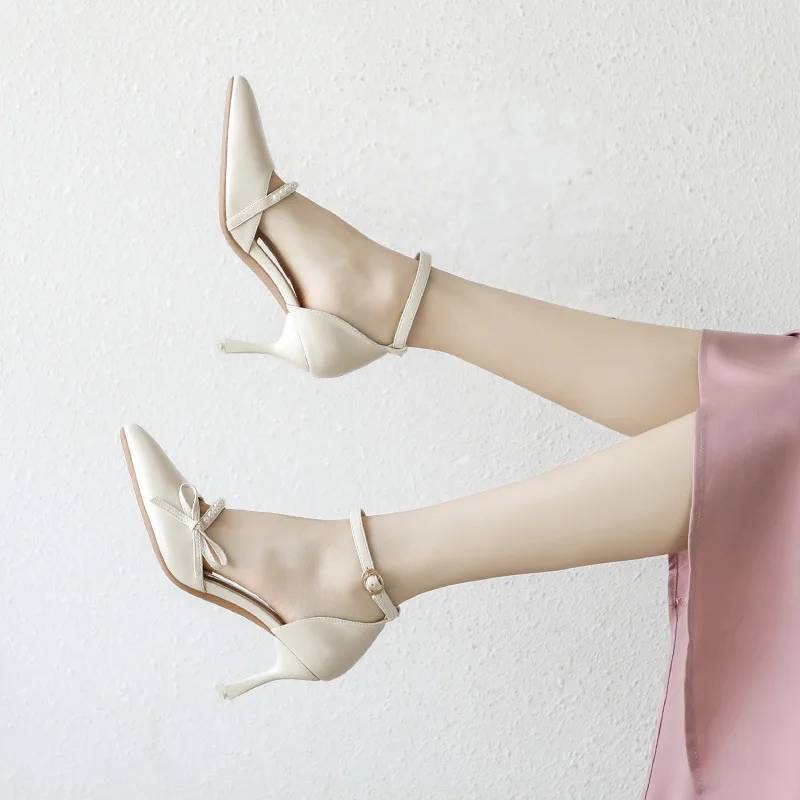 

Sandals Female Pointed Toe Stiletto High Heels with Hollow French Small Fresh Single Shoes Fairy Wedding Shoes Bridesmaid Shoes