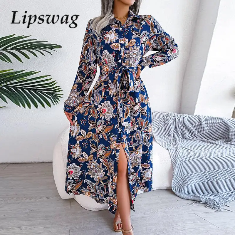 

Женское шифоновое платье-рубашка, винтажное однобортное офисное платье с длинным рукавом, отложным воротником и шнуровкой, универсальное платье для осени