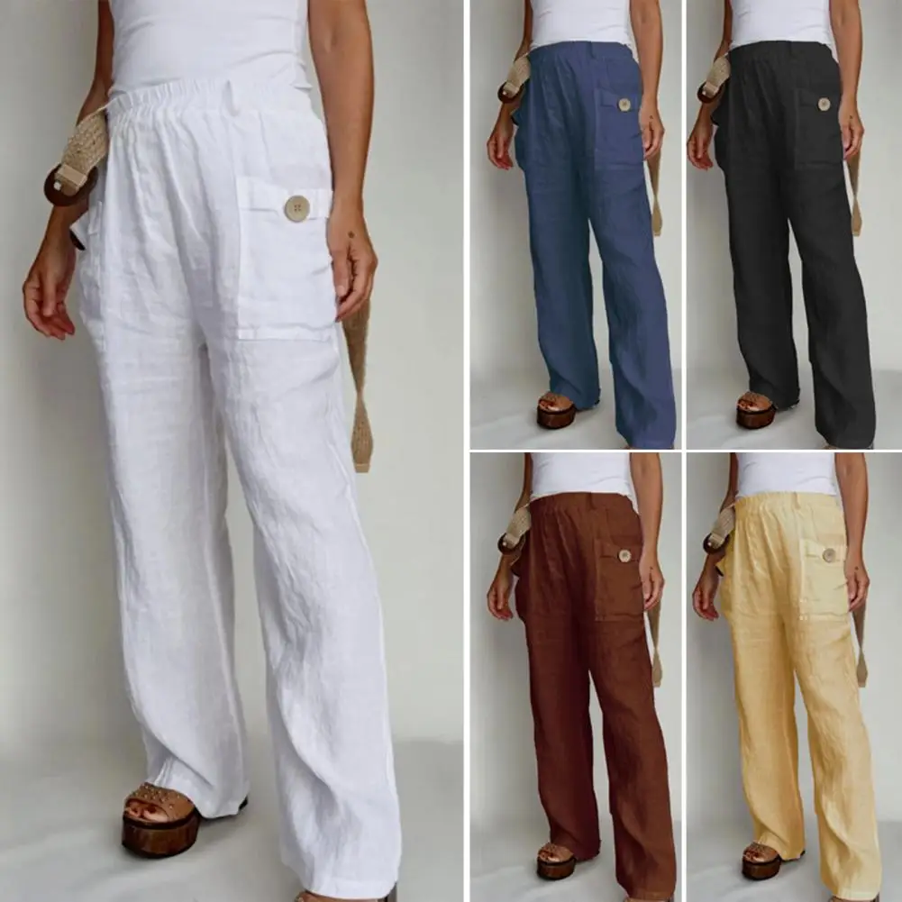 

Women Pants Solid Color High Waist Side Pockets Elastic Waist Trousers Daily Trousers Women Clothes