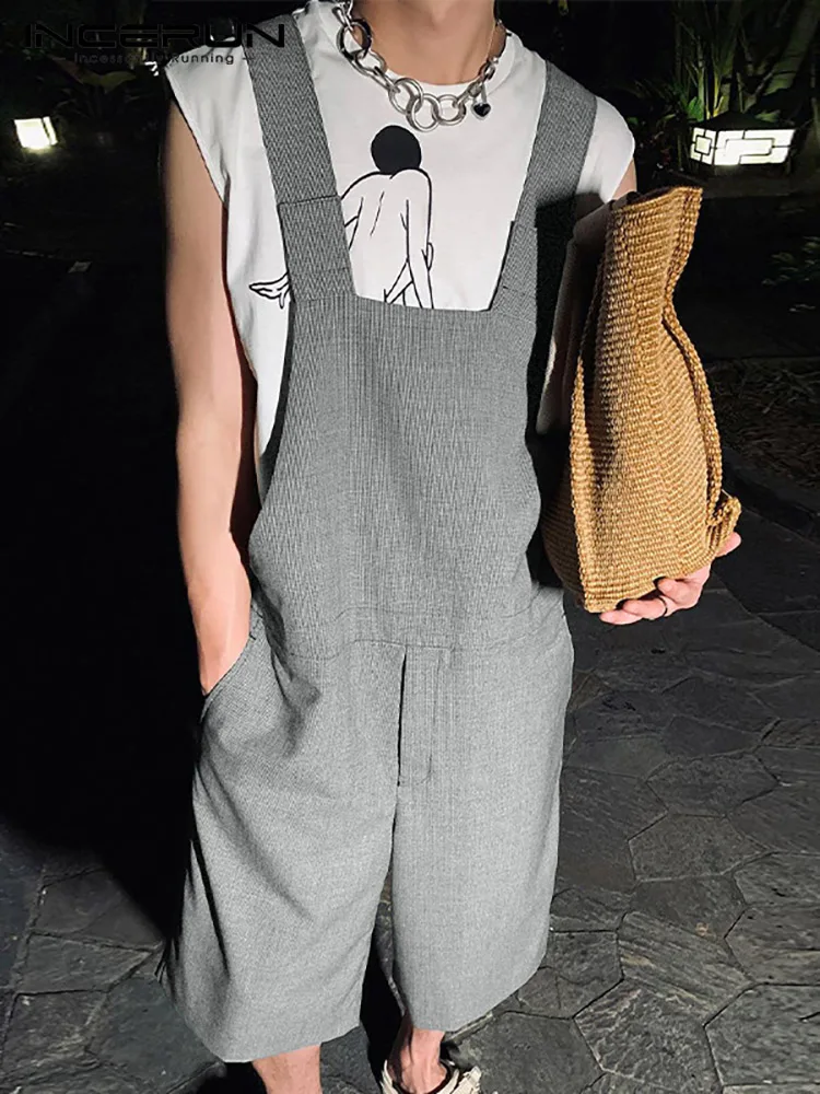 

Fashion Men Bib Jumpsuits Solid 2022 Loose Sleeveless Casual Suspender Rompers Men Streetwear Pockets Overalls S-5XL INCERUN
