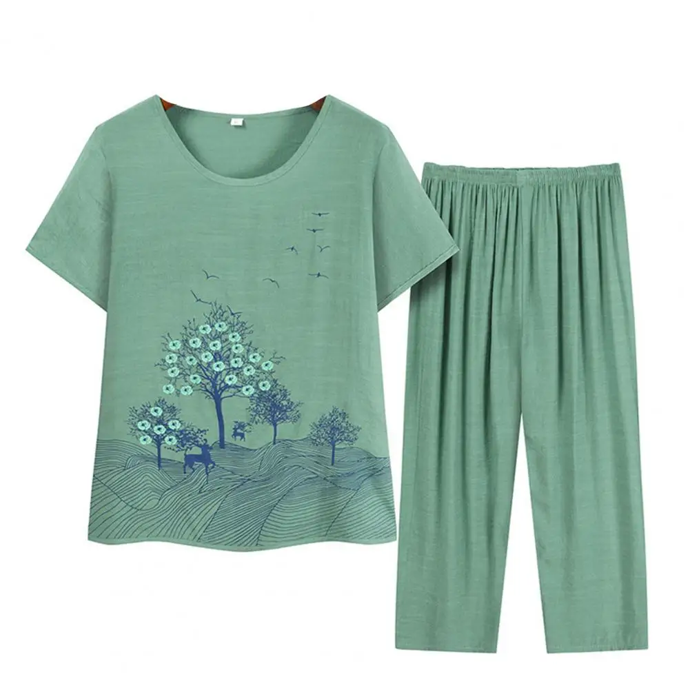 

2 Pcs/Set Trendy Soft Women Top Pants Set Women Top Pants Set Loose Flower Print