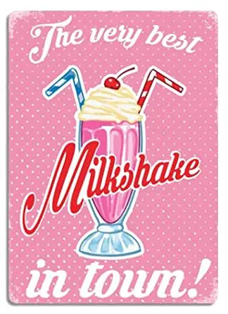 

"Best Milkshake In Town" Pink Metal Wall Sign Plaque Art Inspirational Slogan Vintage Shabby Chic Home Decor