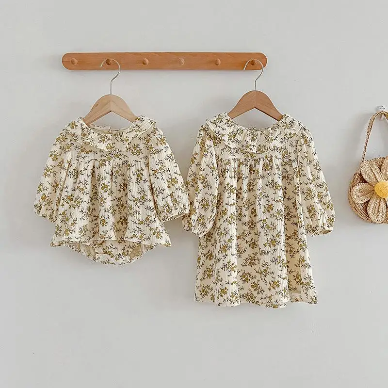 

2023 Family Matching Outfits for Girls Children Vintage Floral Print Series Dresses + Dress Rompers Kids Boutique Sister Look
