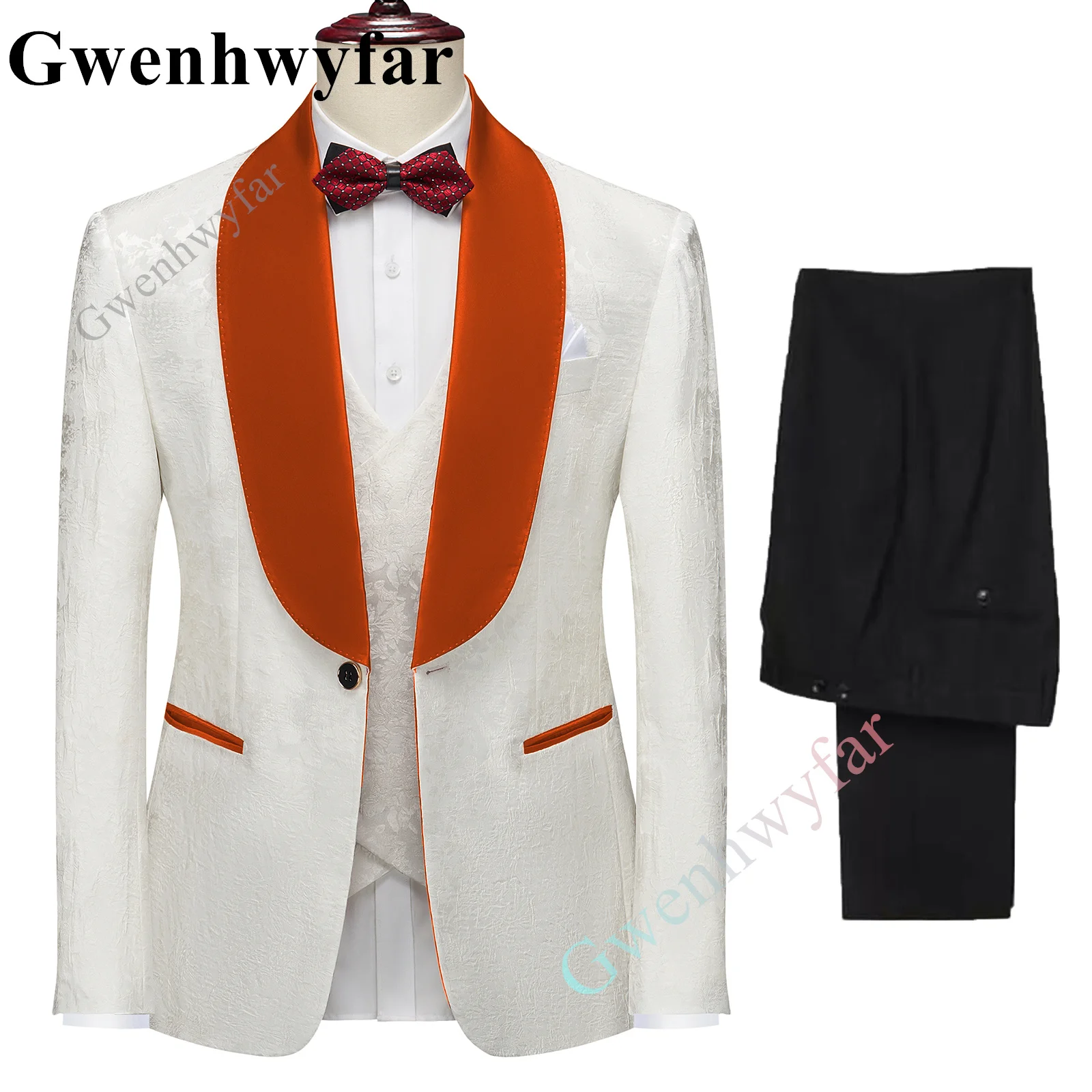 

Gwenhwyfar Orange Shawl Lapel Single Breasted White Wedding Men Suits Pant Groomsman Terno Masculino Beach Summer Groom Best Men