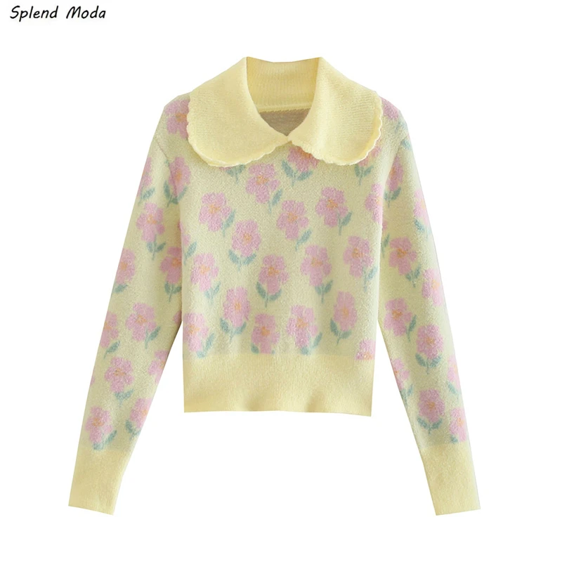 

Splend Moda Autumn Cottagecore Fashion Vintage Sweet Peter Pan Collar Flower Slim Knitted Short Sweater Women Pullover Female