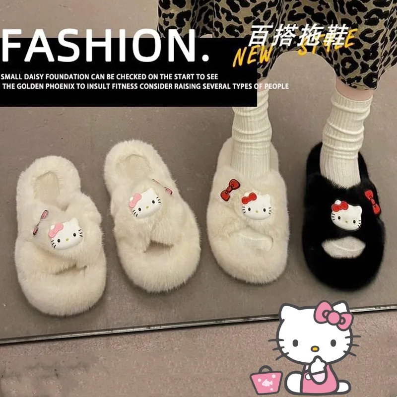 

New Kawaii Hello Kitty Plush Cotton Slippers Anime Girl Winter Warm Anti Slip Comfortable Cotton Shoes Children's Halloween Gift