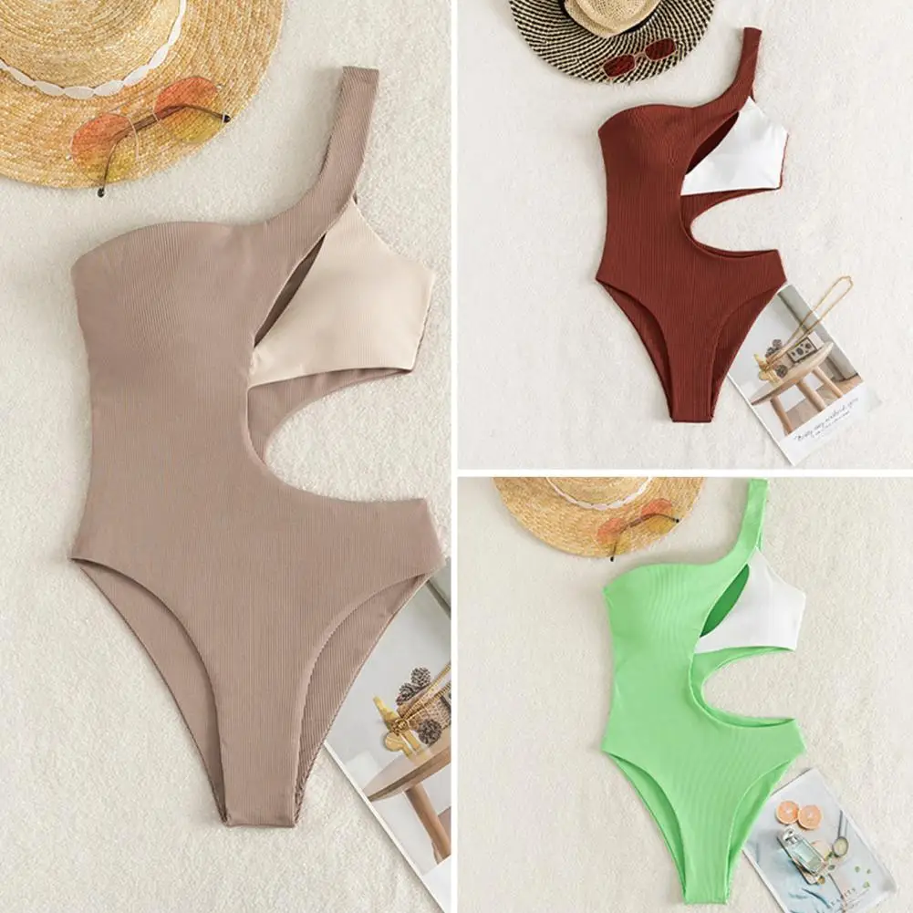 

Women Monokini One Shoulder Contrast Color Hollow Out Sleeveless Bodycon Swimming Patchwork Elastic Women Swimsuit Lady Garment