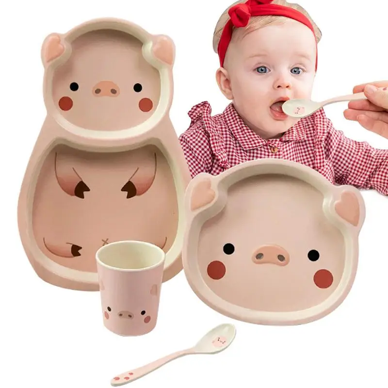 

4Pcs/ Set Children Baby Tableware Set Cartoon Pig Plates Kid Dishes Children Dinnerware Anti-hot Training Food Bowl Spoon
