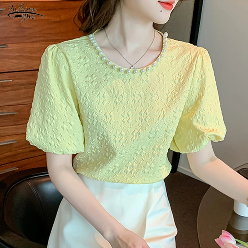 

Bead Puff Sleeve Women Shirts 2022 Fashion Summer Round Neck Loose Women Blouses Elegant Solid Short Sleeve Shirts Blusas 22080