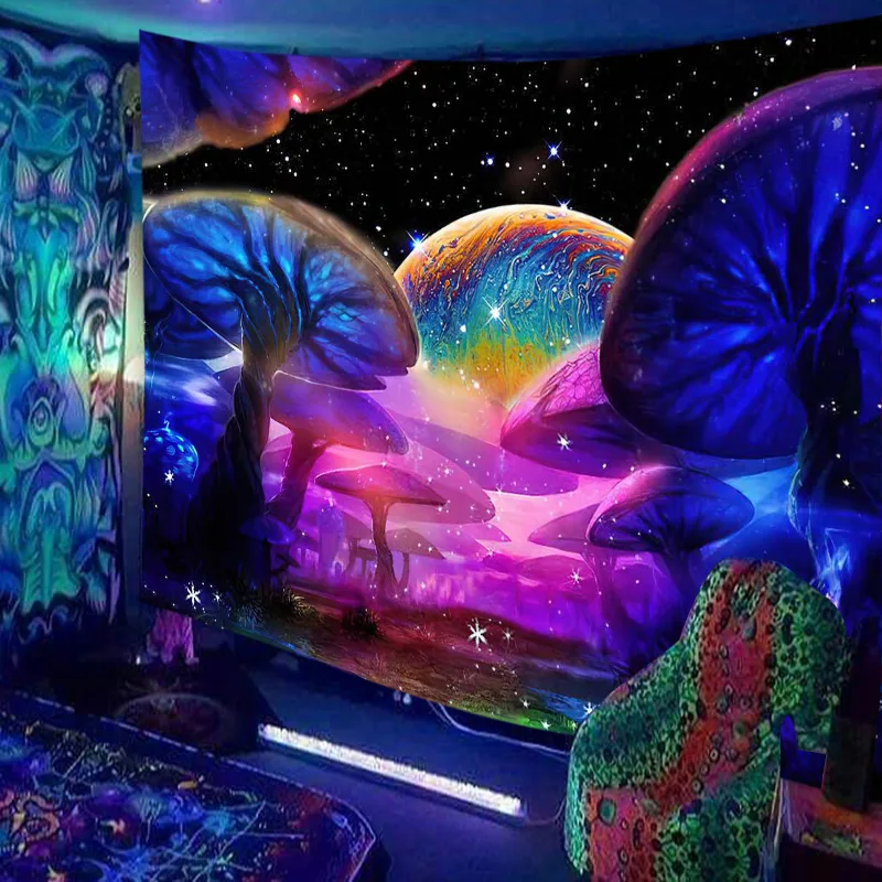 

Blacklight Mushroom Tapestry Trippy Galaxy Space Wall Hanging Hippie UV Reactive Bedroom Aesthetic Decoration Room Decor Tapiz