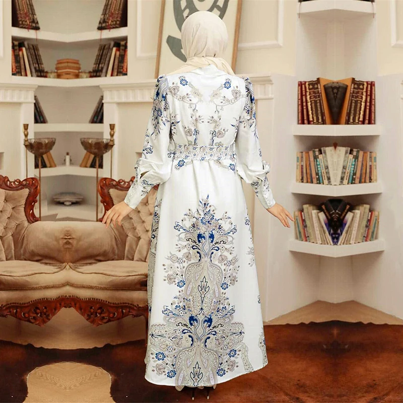 Eid Dress Printed Dubai Turkish Abaya For Women 2022 With Belt Long Sleeves Muslim Floral Islam Hijab Malaysia Traditional Dress