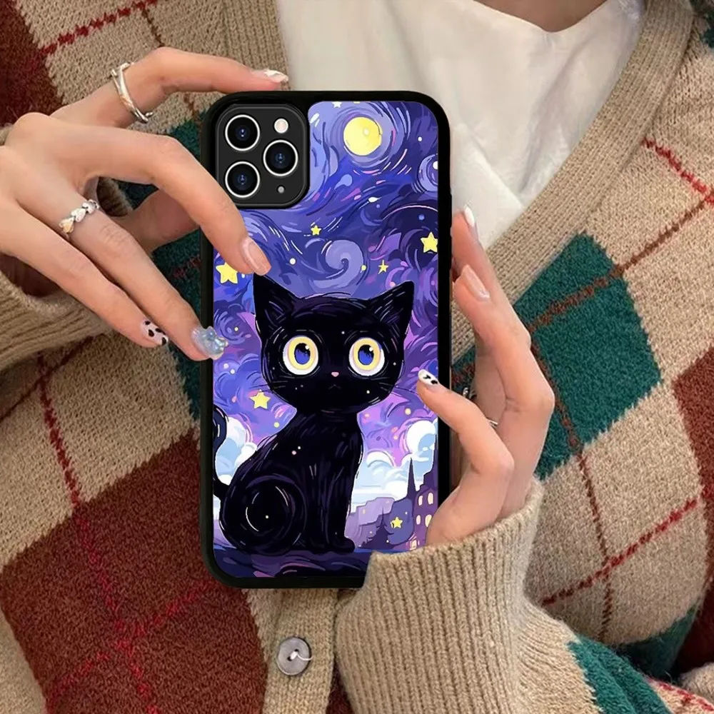 Artistic Black Cat Starry Night Silicone PC+TPU For IPhone 11 12 13 14 15 16 Plus Pro Max Cover