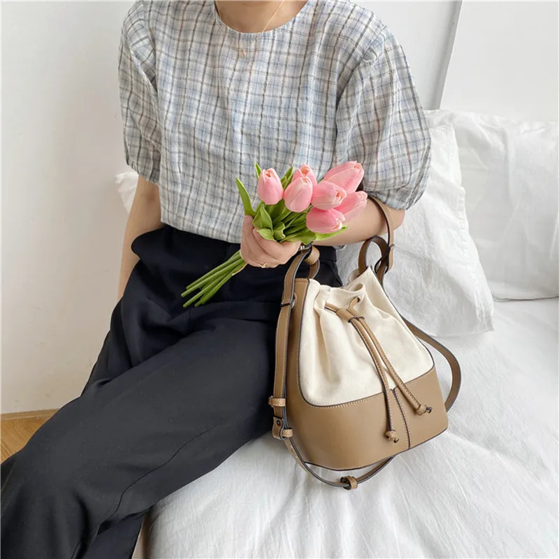 Bag Women Shoulder Bag Summer New Korean Fashion Diagonal Bag Personalized Stitching Canvas Portable Bucket Bag New Fashion Gift
