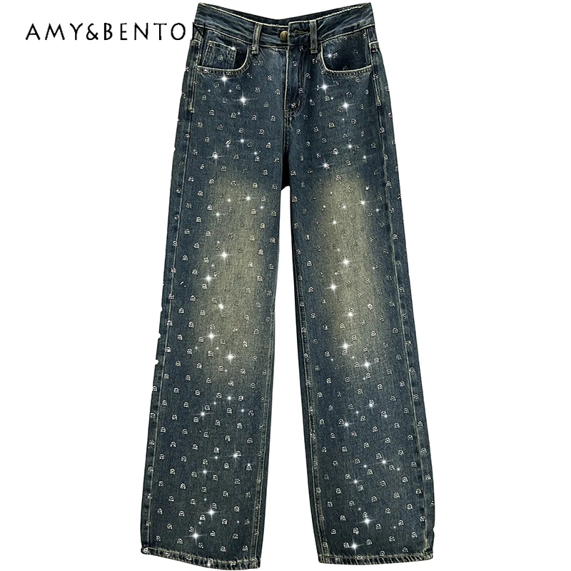 

Heavy Industry Full Diamond Wide-Leg Jeans Female 2023 New Autumn High Waist Loose And Slimming Casual Long Mop Denim Trousers