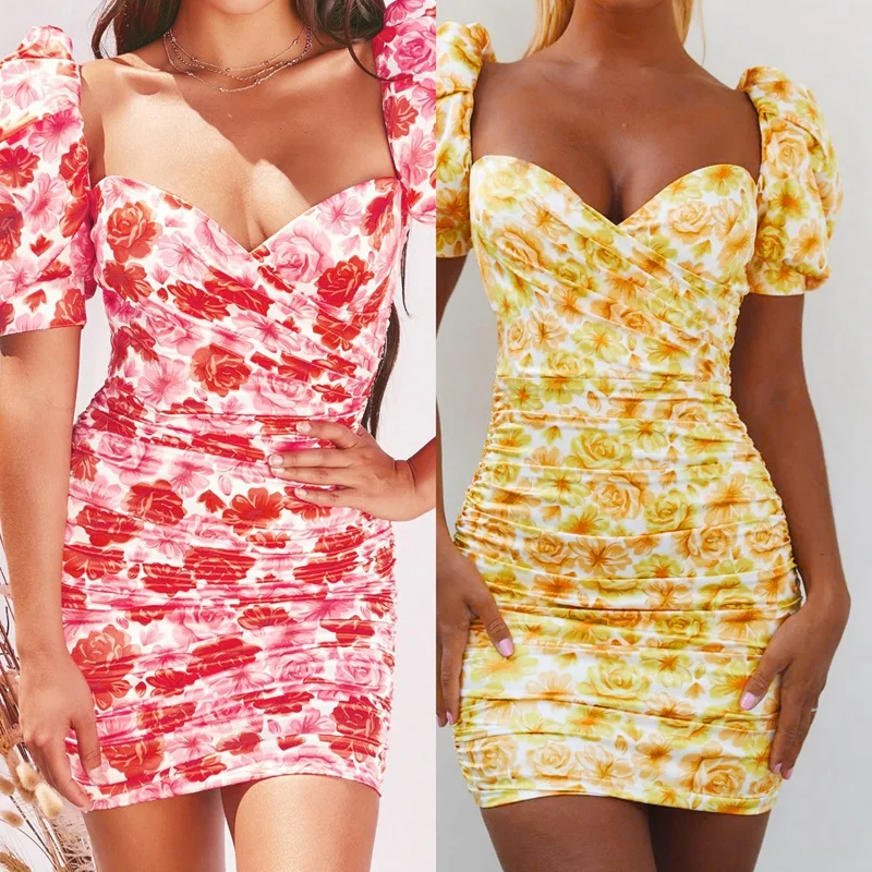 

NEW-Floral Print Fashion Square Collar Ruched Mini Dresses Club Puff Sleeve Backless Elegant Bodycon Dress