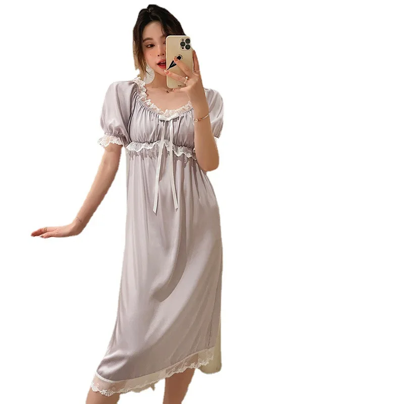 Summer Nightgowns Sleepshirts Pajamas Ice Silk Short Sleeve Vintage V-neck Nightdress Women's Sleep Lace Silk Sexy Home Wear