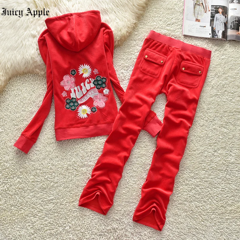 Juicy Apple Spring Autumn Tracksuit For Women Two Piece Running Set Top And Pants Women Velvet Suits Fitness Set Sportswear