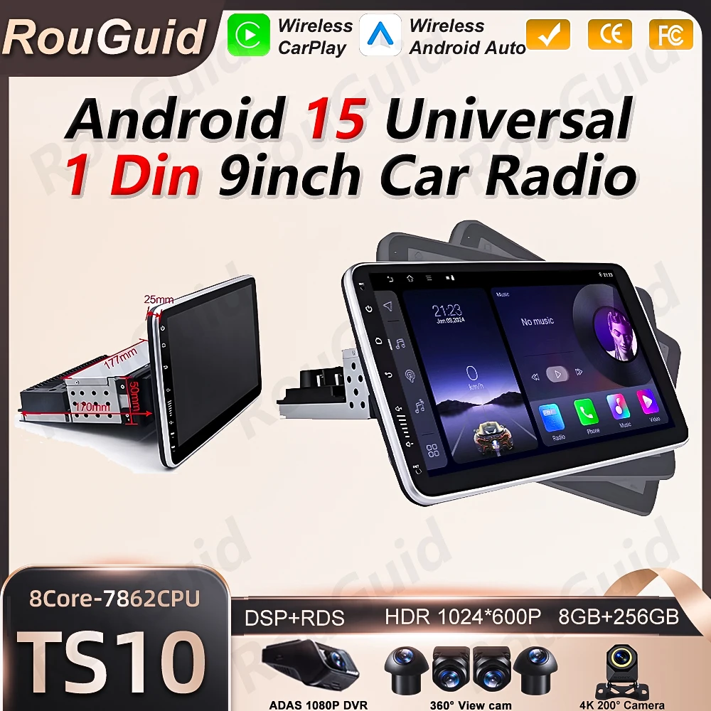 Фото Автомагнитола Android 15 1 DIN с экраном 9/10 дюймов, универсальная, с CarPlay, Android Auto, GPS, мультимедийный плеер, Wi-Fi, QLED, Bluetooth №1