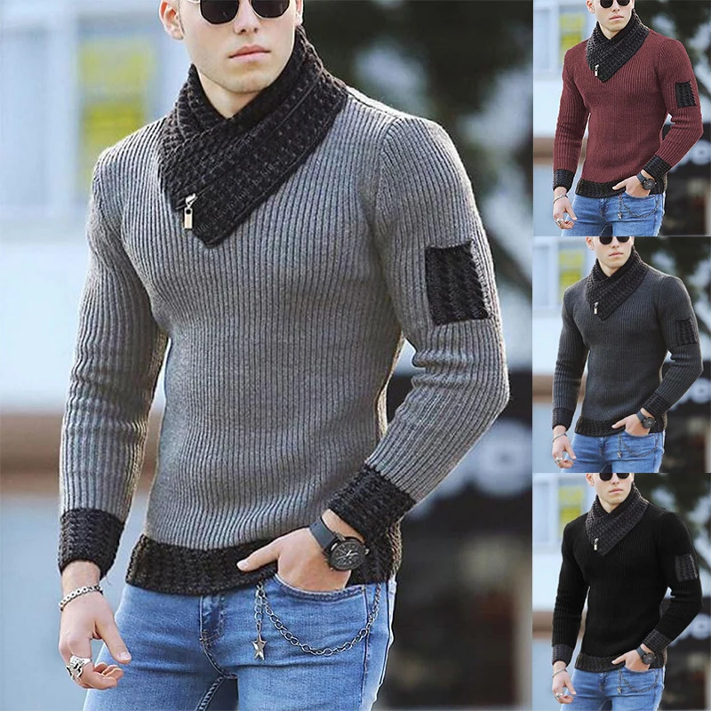 

Spring Stylish Large Men's Sweater Pullover Long Sleeve Fashion Scarf High Collar Handsome Patchwork Sweater Clothing Man