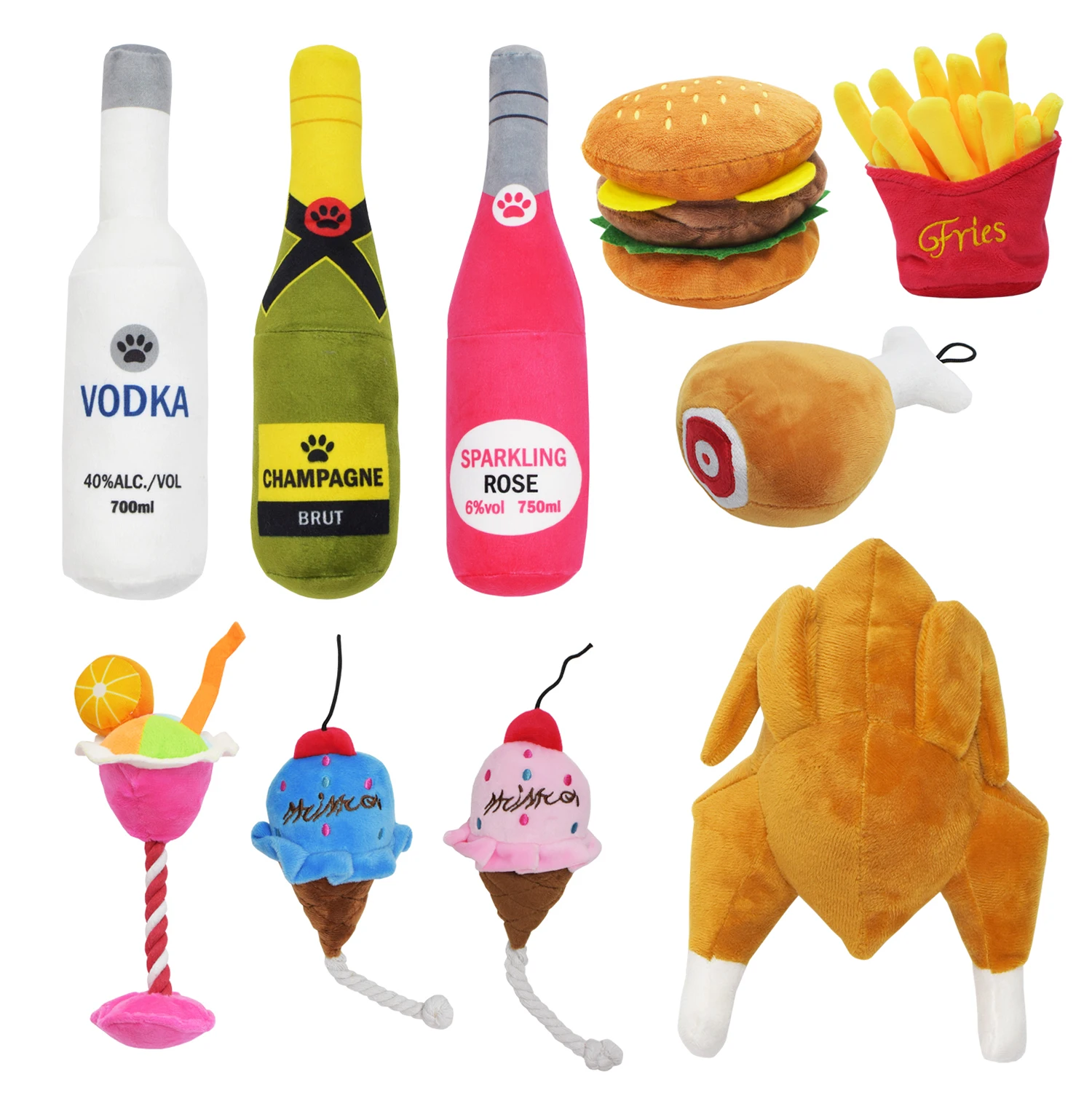 

Creative Dog Toys Cocktail Vodka Wine Bottle Pet Toy Plush Filled Champagne Food Shape Toy Squeaky Bite-Resistant Pet Supplies