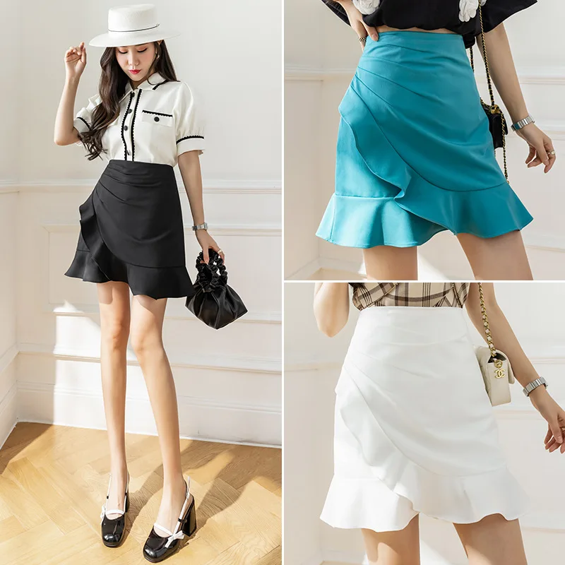 

Мини-юбка женская с высокой талией, пикантная короткая юбка-годе, асимметричная офисная модная трапециевидная юбка с оборками в Корейском стиле, на лето