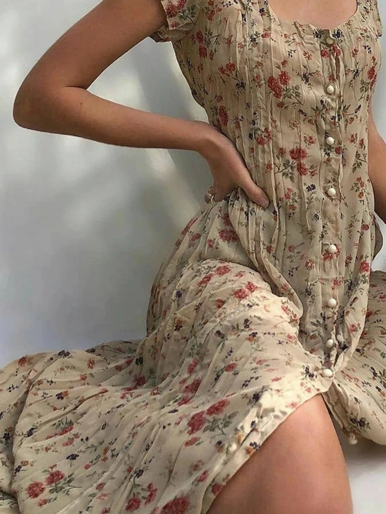 

Dresses Summer Vintage Women Floral Print Short Sleeve Dress Single-breasted Long Dress French Elegant Casual Vestido De Mujer