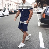 spring and summer 3d striped solid color printing casual simple trend mens sports 2 piece t shirt shorts set