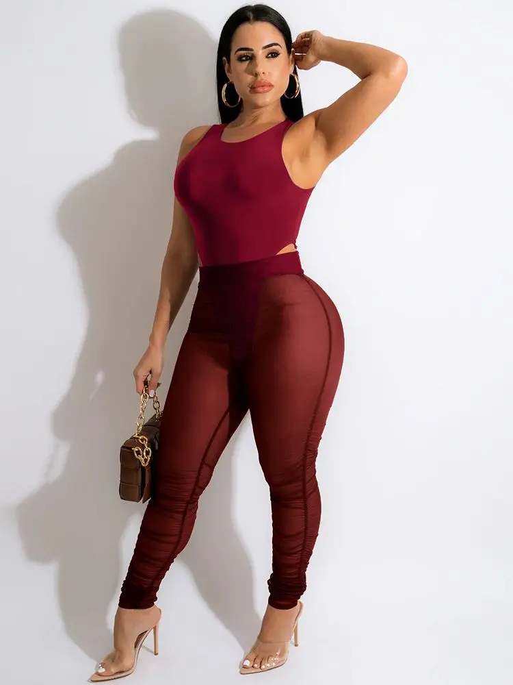 

Znaiml 2022 Summer Sexy Two Piece Set Black Sheer Mesh Leggings Bodysuit Top Party Vacation Club Outfits for Women Matching Sets