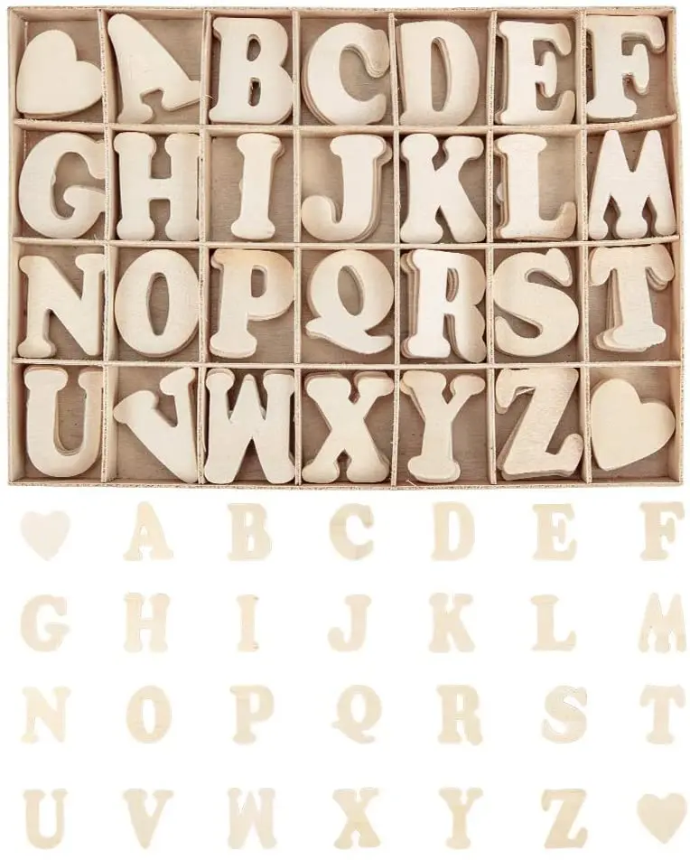 

NBEADS 112PCS 1.5 Inch Wooden Letters A~Z Heart Set- Small Wooden Capital Letters with Storage Tray - Wooden Alphabet