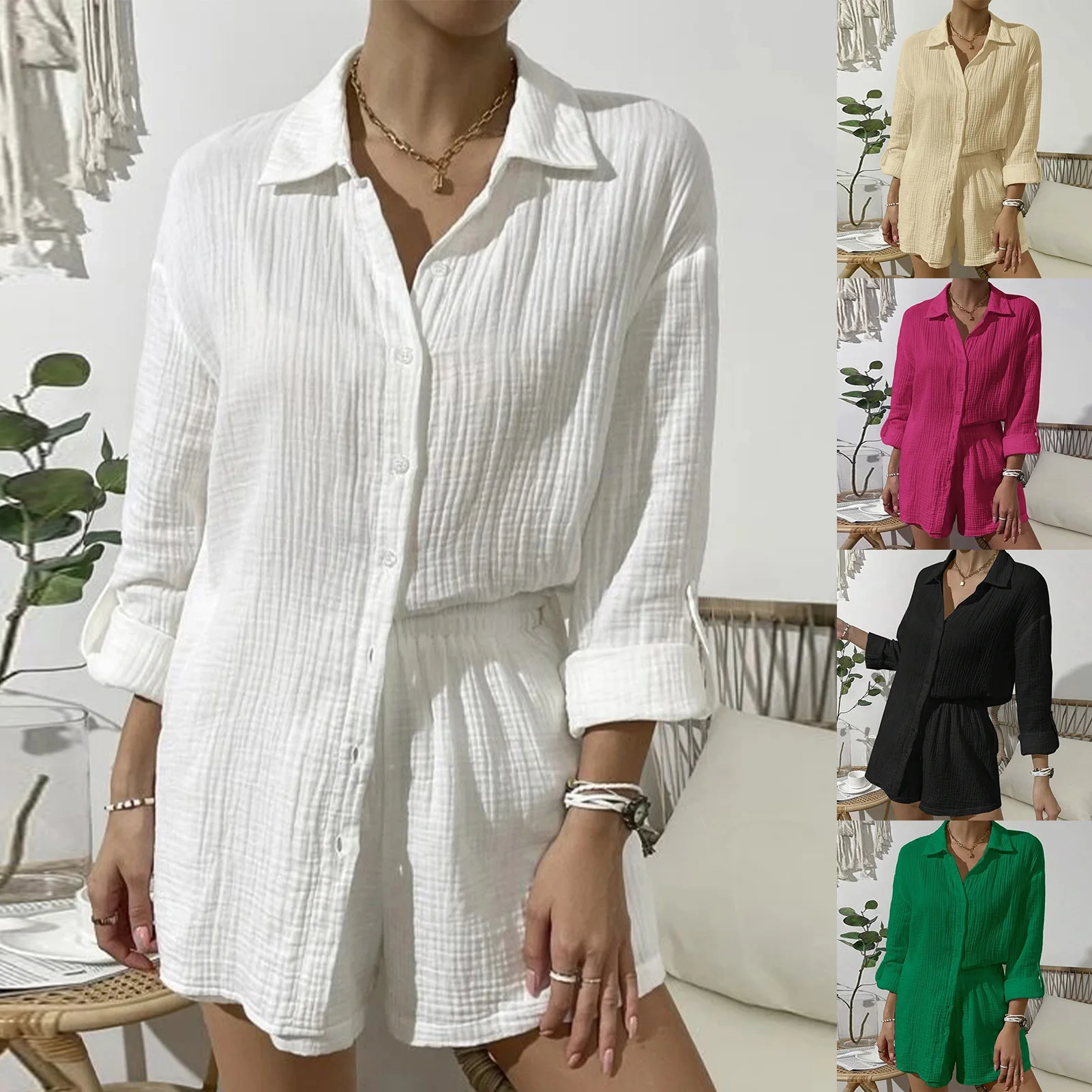 

Women Tees Top & Elastic Waist Shorts Leisure Cotton Button Down Blouse & Shorts Suits Solid Color Comfy Summer Tracksuit Set